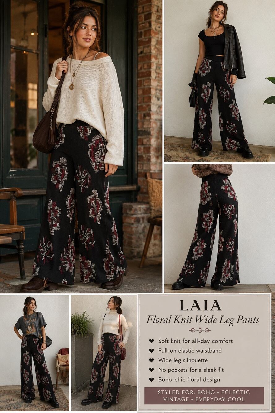 LAIA Floral Sweater Knit Wide Leg Pants Large NWT Boho Pull-On Anthropologie